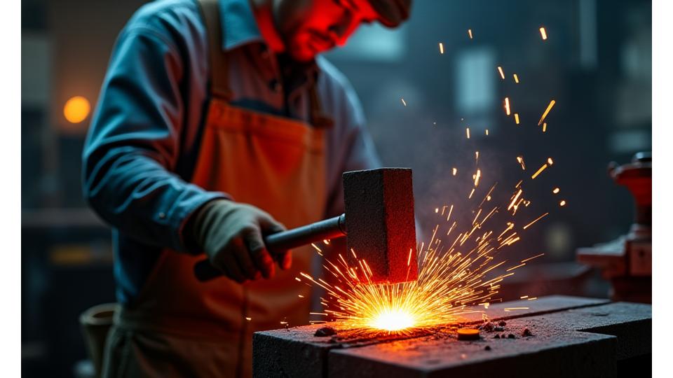 A skilled metalworker using a power hammer at a forging station, sparks flying, creating a lure blank