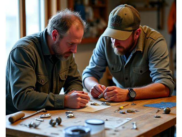 A designer and an angler collaboratively inspecting a prototype fishing lure for balance and action, with blueprints and tools on a workbench